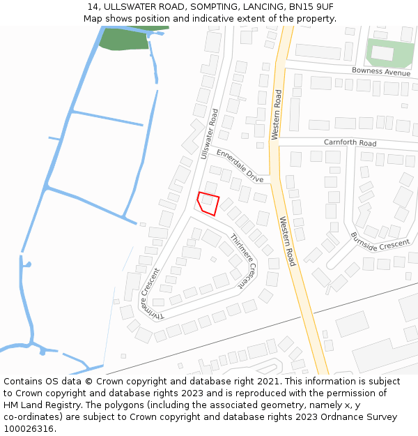 14, ULLSWATER ROAD, SOMPTING, LANCING, BN15 9UF: Location map and indicative extent of plot