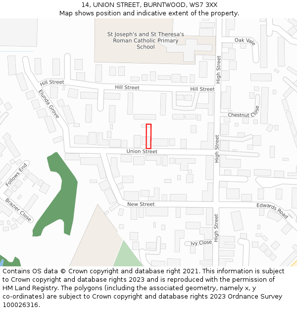 14, UNION STREET, BURNTWOOD, WS7 3XX: Location map and indicative extent of plot