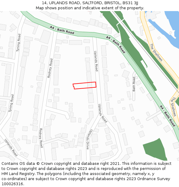 14, UPLANDS ROAD, SALTFORD, BRISTOL, BS31 3JJ: Location map and indicative extent of plot