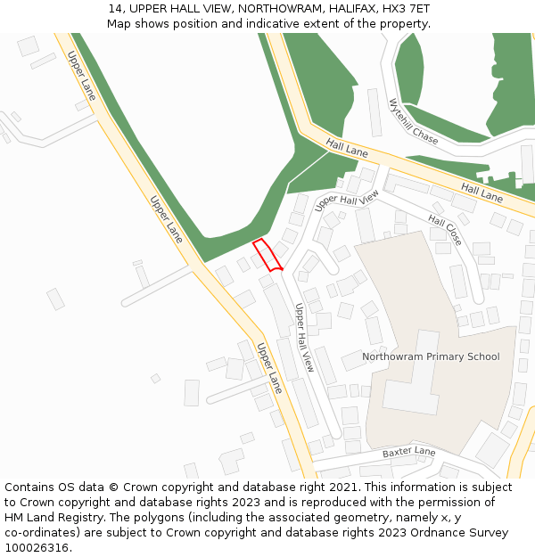 14, UPPER HALL VIEW, NORTHOWRAM, HALIFAX, HX3 7ET: Location map and indicative extent of plot