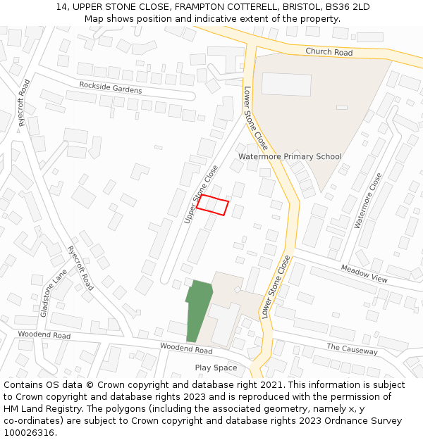 14, UPPER STONE CLOSE, FRAMPTON COTTERELL, BRISTOL, BS36 2LD: Location map and indicative extent of plot