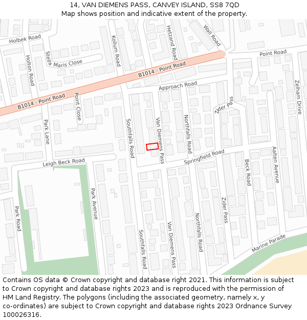 14, VAN DIEMENS PASS, CANVEY ISLAND, SS8 7QD: Location map and indicative extent of plot