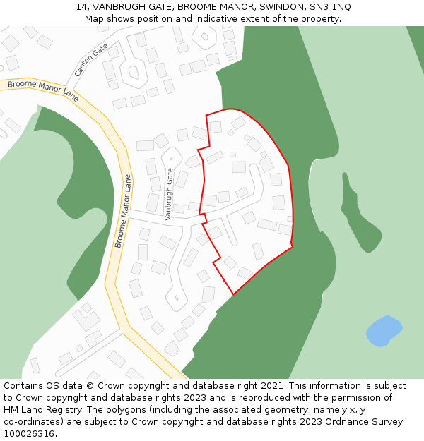 14, VANBRUGH GATE, BROOME MANOR, SWINDON, SN3 1NQ: Location map and indicative extent of plot