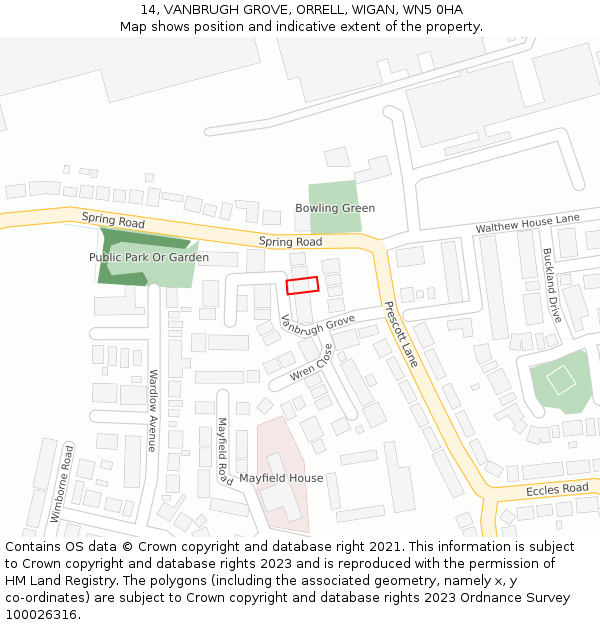 14, VANBRUGH GROVE, ORRELL, WIGAN, WN5 0HA: Location map and indicative extent of plot