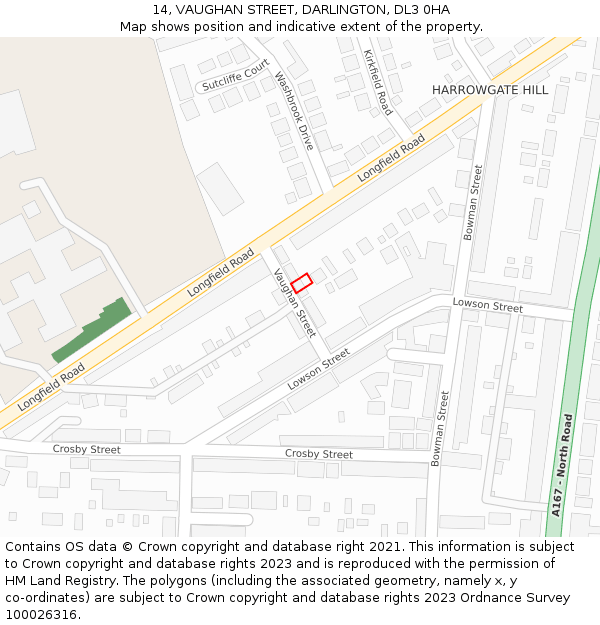 14, VAUGHAN STREET, DARLINGTON, DL3 0HA: Location map and indicative extent of plot