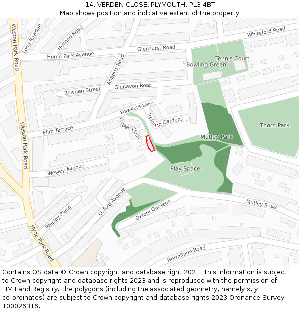 14, VERDEN CLOSE, PLYMOUTH, PL3 4BT: Location map and indicative extent of plot