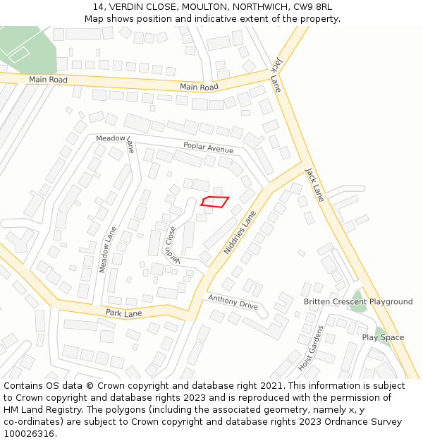 14, VERDIN CLOSE, MOULTON, NORTHWICH, CW9 8RL: Location map and indicative extent of plot