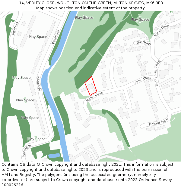 14, VERLEY CLOSE, WOUGHTON ON THE GREEN, MILTON KEYNES, MK6 3ER: Location map and indicative extent of plot