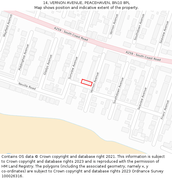 14, VERNON AVENUE, PEACEHAVEN, BN10 8PL: Location map and indicative extent of plot