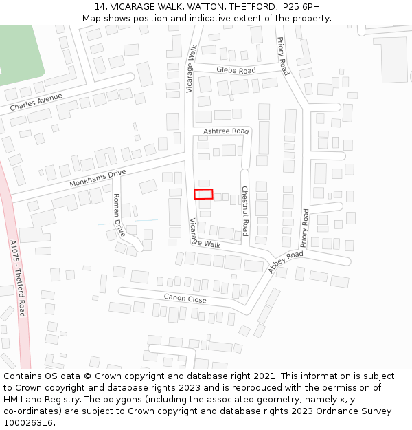 14, VICARAGE WALK, WATTON, THETFORD, IP25 6PH: Location map and indicative extent of plot