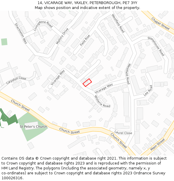 14, VICARAGE WAY, YAXLEY, PETERBOROUGH, PE7 3YY: Location map and indicative extent of plot
