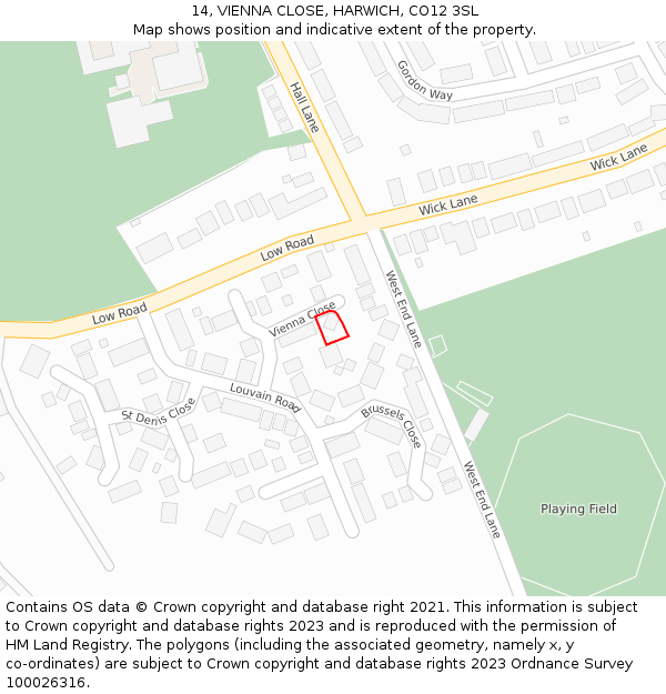 14, VIENNA CLOSE, HARWICH, CO12 3SL: Location map and indicative extent of plot