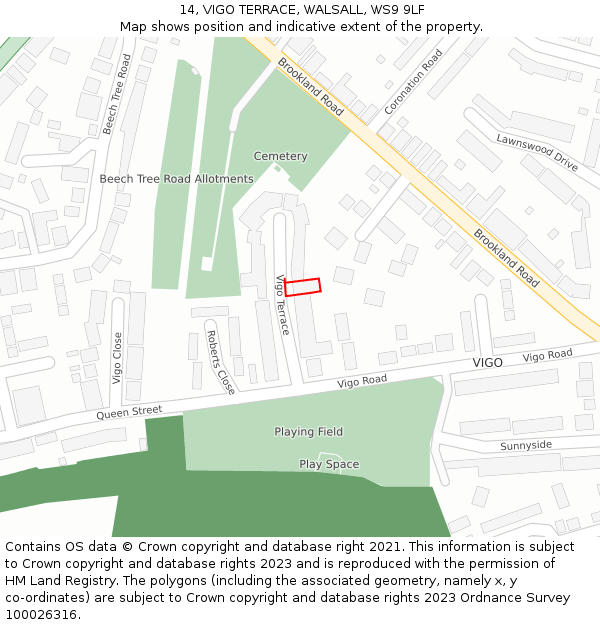 14, VIGO TERRACE, WALSALL, WS9 9LF: Location map and indicative extent of plot