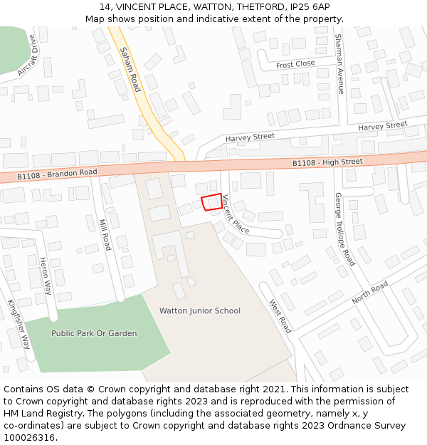 14, VINCENT PLACE, WATTON, THETFORD, IP25 6AP: Location map and indicative extent of plot