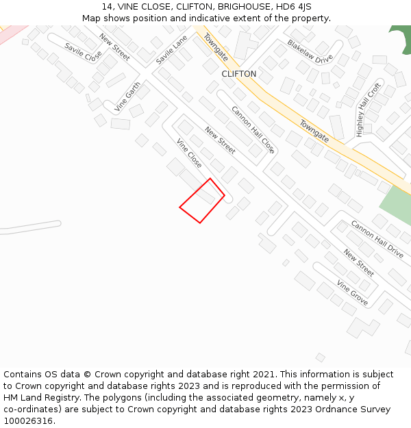 14, VINE CLOSE, CLIFTON, BRIGHOUSE, HD6 4JS: Location map and indicative extent of plot