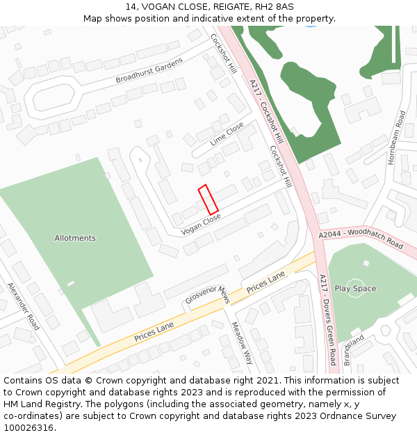 14, VOGAN CLOSE, REIGATE, RH2 8AS: Location map and indicative extent of plot