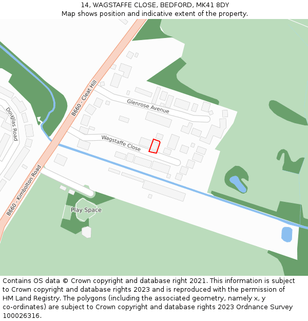 14, WAGSTAFFE CLOSE, BEDFORD, MK41 8DY: Location map and indicative extent of plot