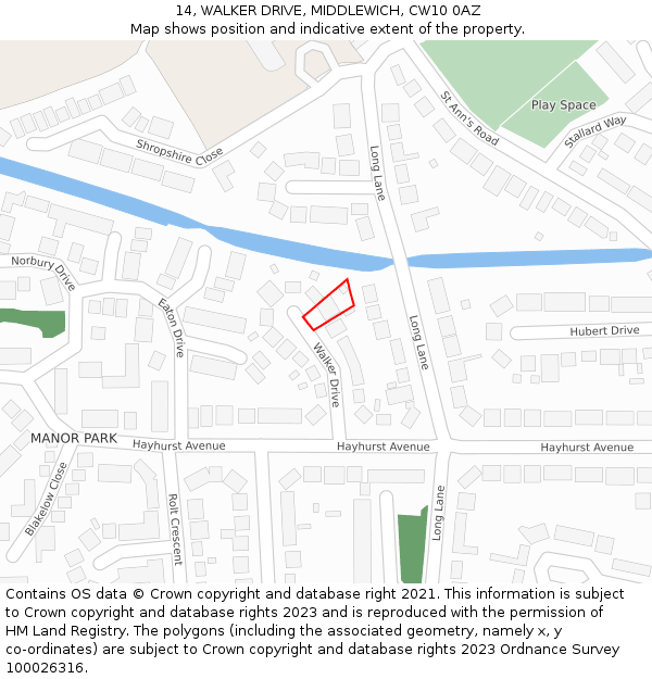 14, WALKER DRIVE, MIDDLEWICH, CW10 0AZ: Location map and indicative extent of plot