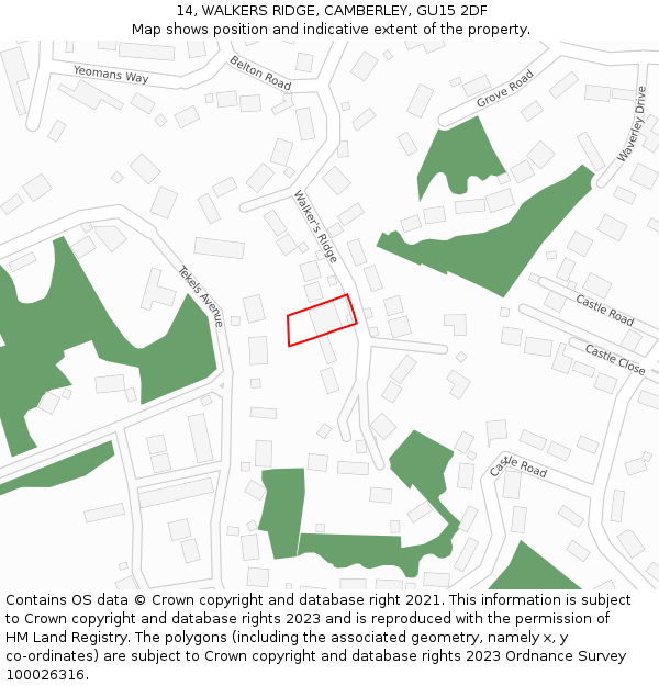 14, WALKERS RIDGE, CAMBERLEY, GU15 2DF: Location map and indicative extent of plot