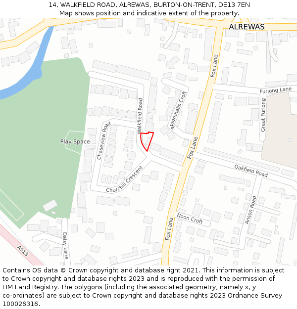 14, WALKFIELD ROAD, ALREWAS, BURTON-ON-TRENT, DE13 7EN: Location map and indicative extent of plot