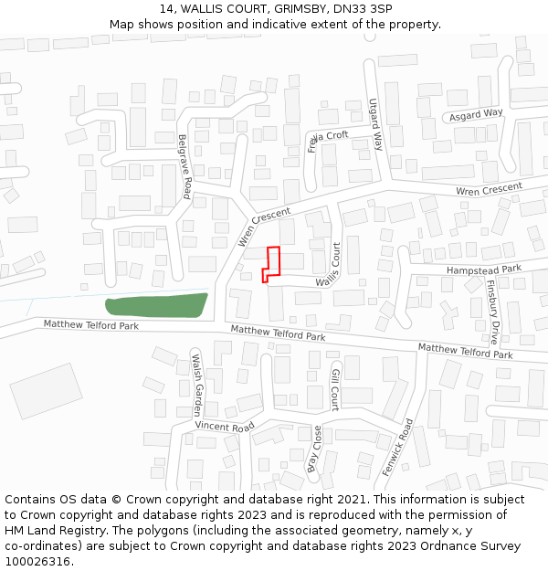 14, WALLIS COURT, GRIMSBY, DN33 3SP: Location map and indicative extent of plot
