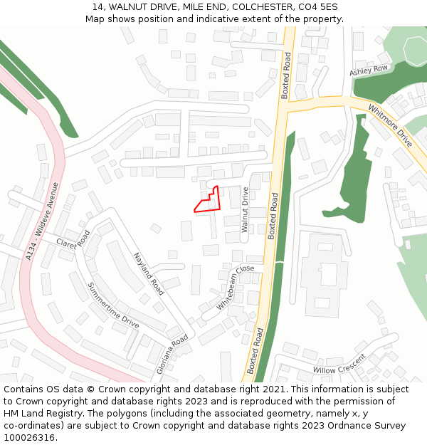 14, WALNUT DRIVE, MILE END, COLCHESTER, CO4 5ES: Location map and indicative extent of plot