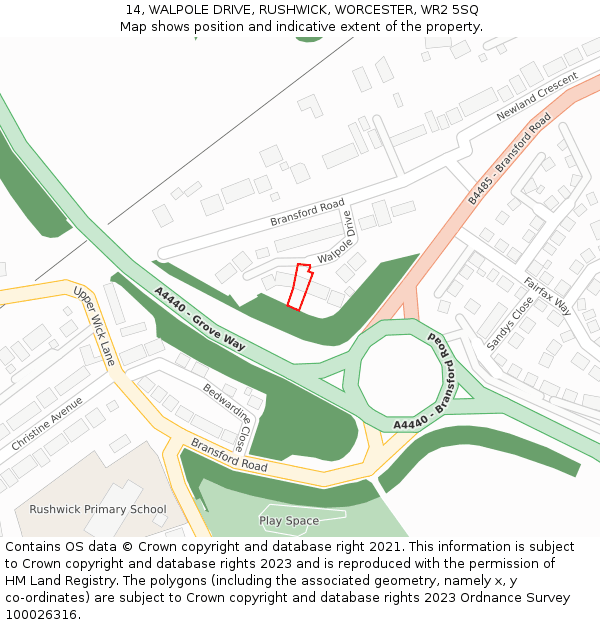 14, WALPOLE DRIVE, RUSHWICK, WORCESTER, WR2 5SQ: Location map and indicative extent of plot