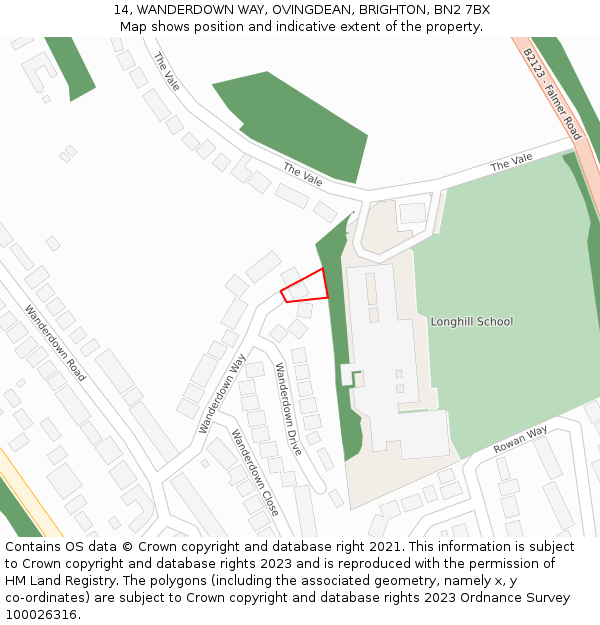 14, WANDERDOWN WAY, OVINGDEAN, BRIGHTON, BN2 7BX: Location map and indicative extent of plot