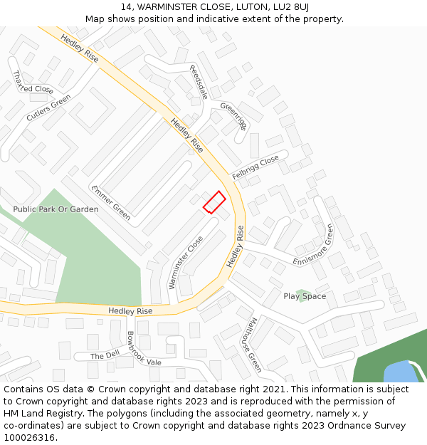 14, WARMINSTER CLOSE, LUTON, LU2 8UJ: Location map and indicative extent of plot