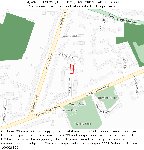 14, WARREN CLOSE, FELBRIDGE, EAST GRINSTEAD, RH19 2PR: Location map and indicative extent of plot