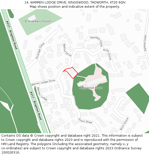 14, WARREN LODGE DRIVE, KINGSWOOD, TADWORTH, KT20 6QN: Location map and indicative extent of plot