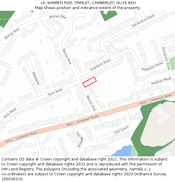 14, WARREN RISE, FRIMLEY, CAMBERLEY, GU16 8SH: Location map and indicative extent of plot