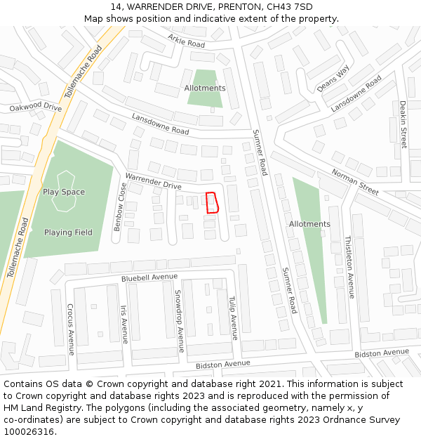 14, WARRENDER DRIVE, PRENTON, CH43 7SD: Location map and indicative extent of plot