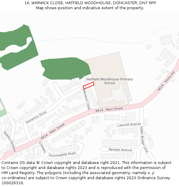 14, WARWICK CLOSE, HATFIELD WOODHOUSE, DONCASTER, DN7 6PP: Location map and indicative extent of plot