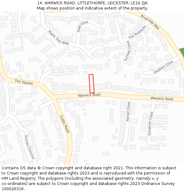 14, WARWICK ROAD, LITTLETHORPE, LEICESTER, LE19 2JA: Location map and indicative extent of plot