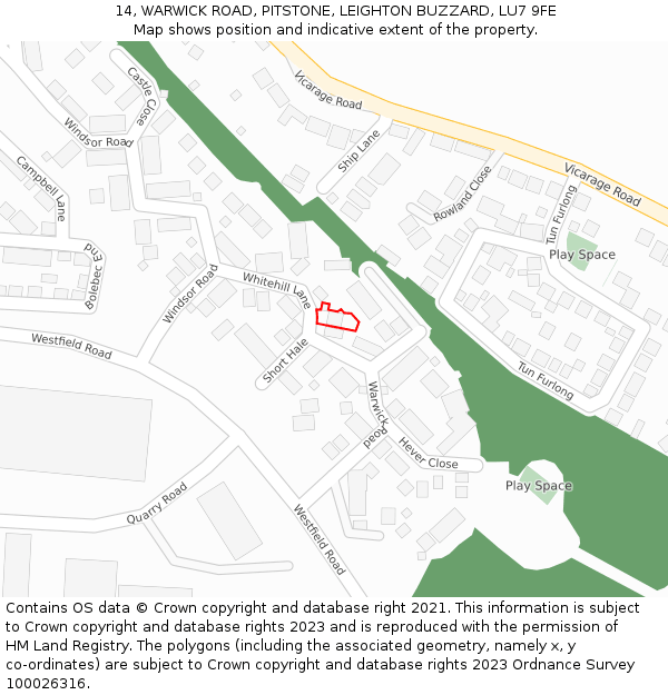 14, WARWICK ROAD, PITSTONE, LEIGHTON BUZZARD, LU7 9FE: Location map and indicative extent of plot