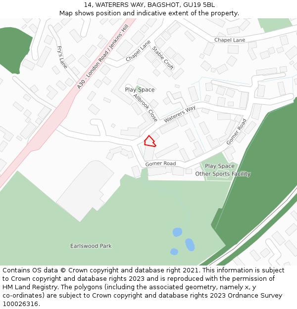 14, WATERERS WAY, BAGSHOT, GU19 5BL: Location map and indicative extent of plot