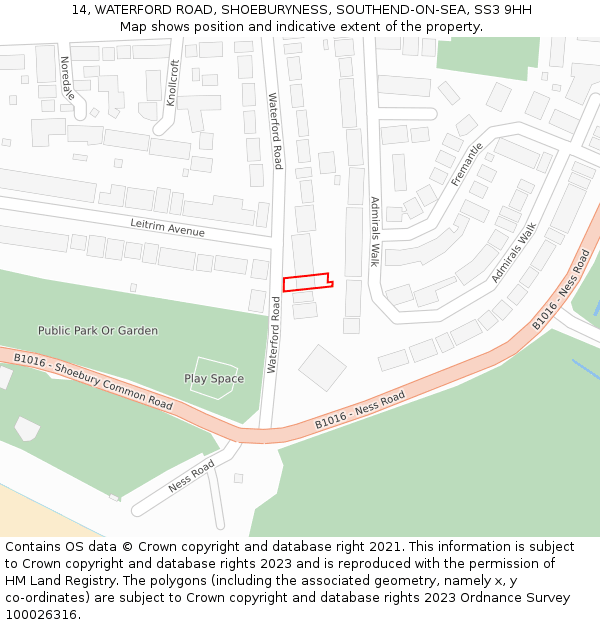 14, WATERFORD ROAD, SHOEBURYNESS, SOUTHEND-ON-SEA, SS3 9HH: Location map and indicative extent of plot