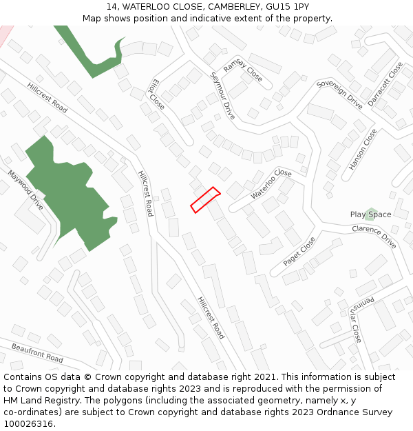 14, WATERLOO CLOSE, CAMBERLEY, GU15 1PY: Location map and indicative extent of plot