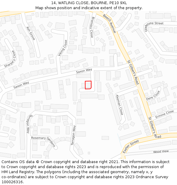 14, WATLING CLOSE, BOURNE, PE10 9XL: Location map and indicative extent of plot