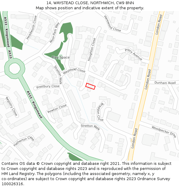 14, WAYSTEAD CLOSE, NORTHWICH, CW9 8NN: Location map and indicative extent of plot