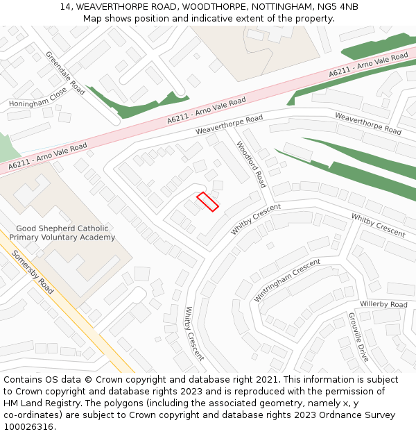 14, WEAVERTHORPE ROAD, WOODTHORPE, NOTTINGHAM, NG5 4NB: Location map and indicative extent of plot