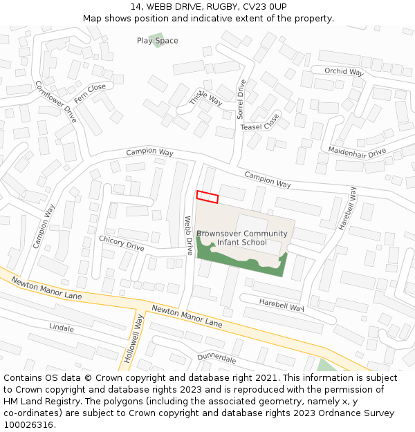 14, WEBB DRIVE, RUGBY, CV23 0UP: Location map and indicative extent of plot