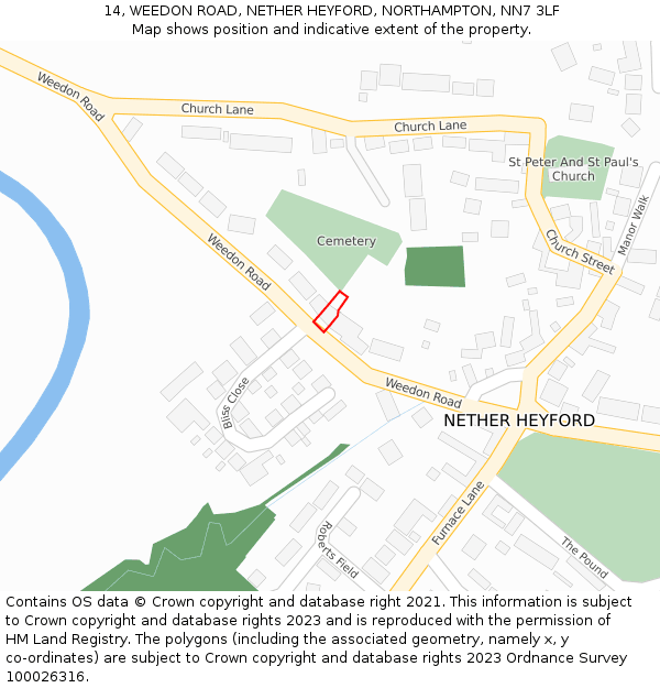 14, WEEDON ROAD, NETHER HEYFORD, NORTHAMPTON, NN7 3LF: Location map and indicative extent of plot