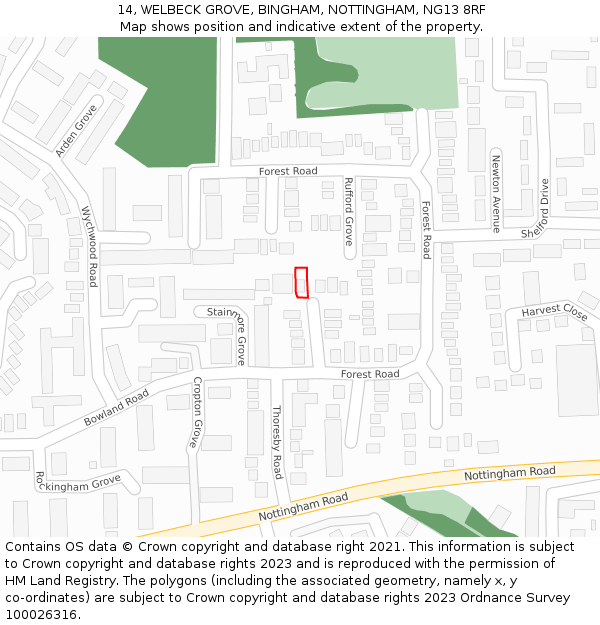 14, WELBECK GROVE, BINGHAM, NOTTINGHAM, NG13 8RF: Location map and indicative extent of plot