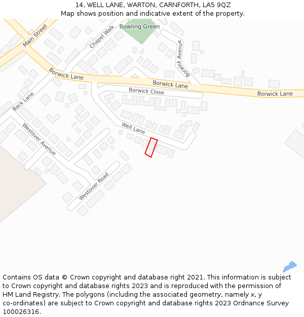 14, WELL LANE, WARTON, CARNFORTH, LA5 9QZ: Location map and indicative extent of plot