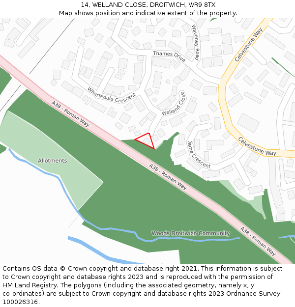 14, WELLAND CLOSE, DROITWICH, WR9 8TX: Location map and indicative extent of plot