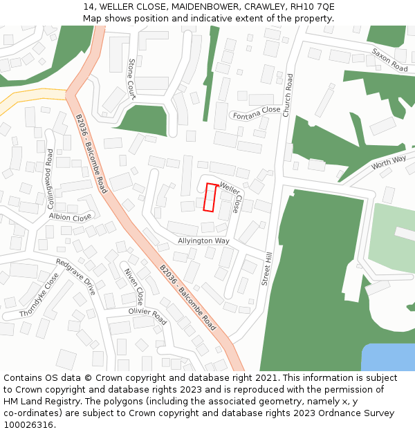 14, WELLER CLOSE, MAIDENBOWER, CRAWLEY, RH10 7QE: Location map and indicative extent of plot