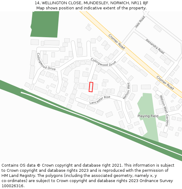 14, WELLINGTON CLOSE, MUNDESLEY, NORWICH, NR11 8JF: Location map and indicative extent of plot