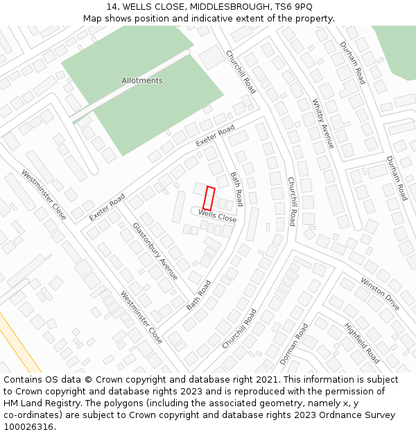 14, WELLS CLOSE, MIDDLESBROUGH, TS6 9PQ: Location map and indicative extent of plot